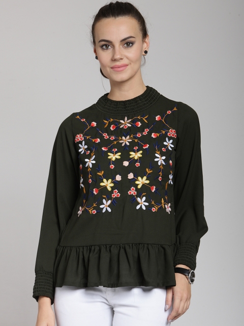 

plusS Women Olive Green Self Design Peplum Top