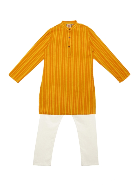 

SALWAR STUDIO Boys Orange and White Striped Kurta with Pyjamas
