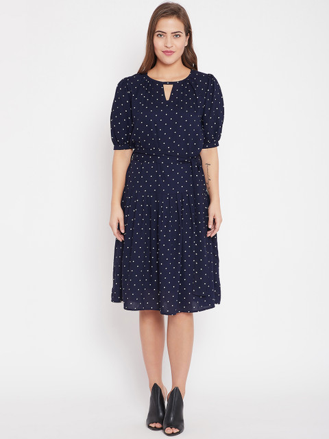 

Femella Women Navy Blue Printed Fit and Flare Dress
