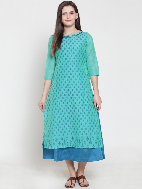 

Laabha Women Turquoise Blue Printed A-Line Dress