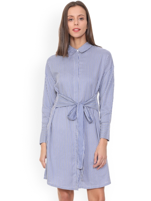 

People Women Blue & White Striped Fit and Flare Dress
