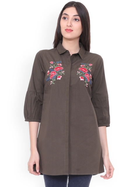 People Women Taupe Regular Fit Solid Casual Shirt