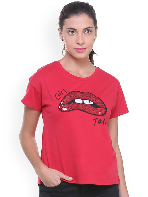 

People Women Red Printed Round Neck T-shirt