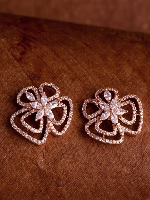 

Voylla Rose Gold-Plated & White Handcrafted Cubic Zirconia Studded Floral Studs