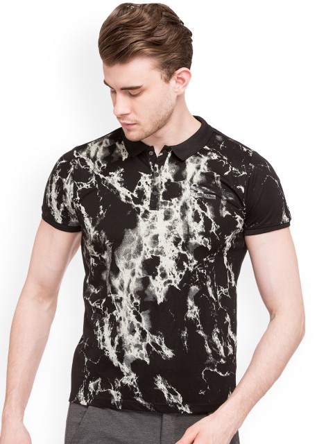 

Status Quo Men Black Printed Polo Collar Pure Cotton T-shirt