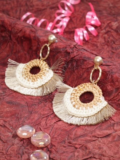 

SASSAFRAS Gold-Toned & White Crescent Shaped Drop Earrings