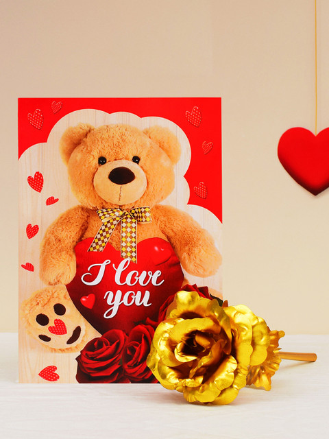 

Pack of Greeting Card & Artificial Golden Rose Valentines Day Special, Gold