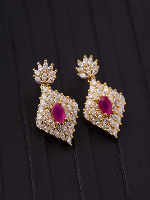 

Voylla Gold-Plated & White Handcrafted Cubic Zirconia Studded Geometric Drop Earrings