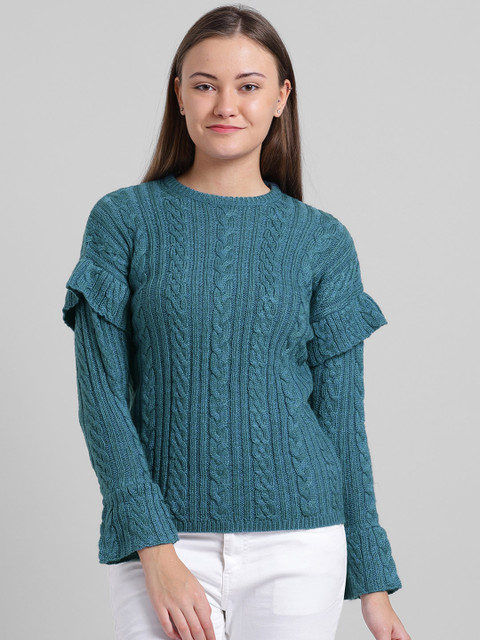 

Zink London Women Teal Green Self Design Woollen Pullover