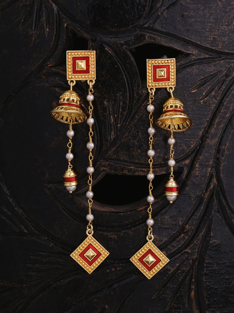 

Voylla Gold-Toned & Red Square Drop Earrings