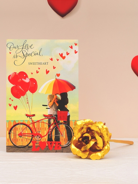 

Valentines Day Pack of 2 Special Greeting Card & Artificial Golden Rose, Gold