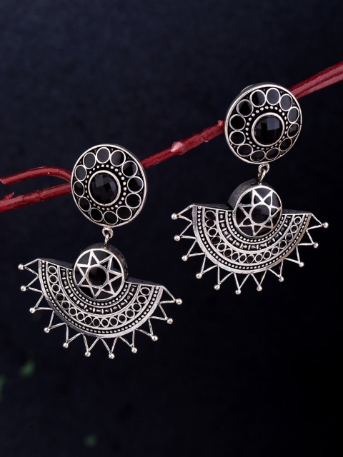 

Voylla Silver-Toned & Black Oxidised Geometric Drop Earrings