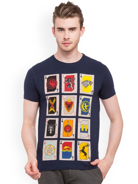 

Status Quo Men Navy Blue Printed Round Neck Pure Cotton T-shirt