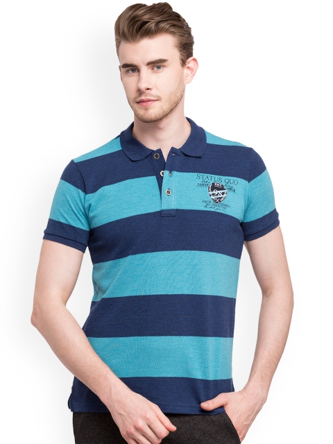 

Status Quo Men Blue Striped Polo Collar T-shirt