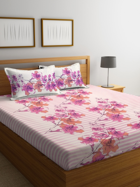 

BOMBAY DYEING Pink & Off-White Floral Flat 130 TC Polycotton 1 King Bedsheet with 2 Pillow Covers