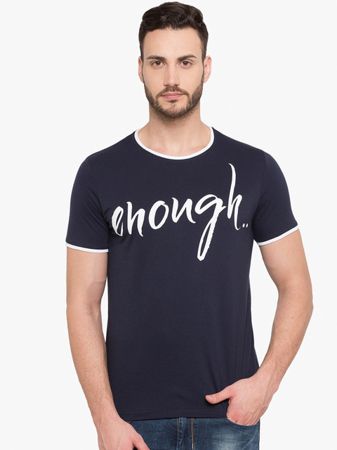 

Status Quo Men Navy Blue Printed Slim Fit Round Neck Pure Cotton T-shirt