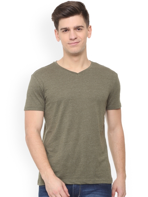 

People Men Olive Green Solid V-Neck T-shirt