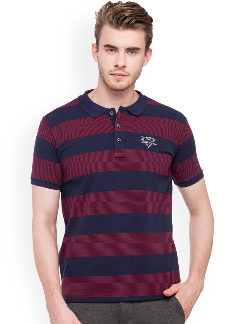 

Status Quo Men Navy Blue Red Striped Polo Collar Pure Cotton T-shirt