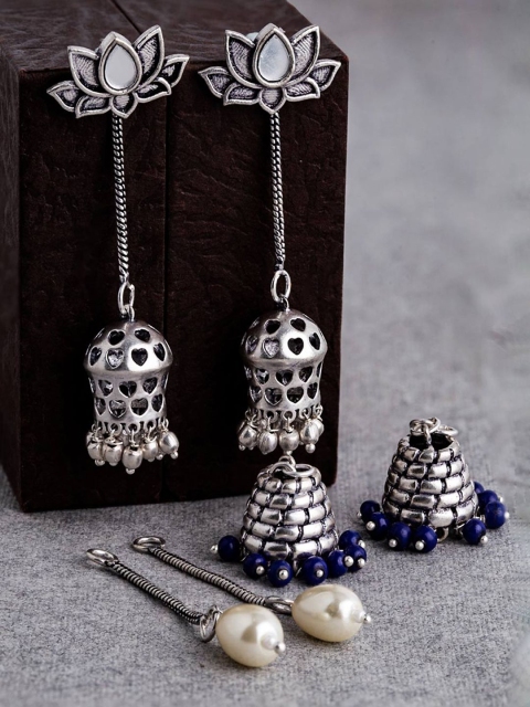 

Voylla Set of 3 Silver-Plated Oxidised Drop Earrings