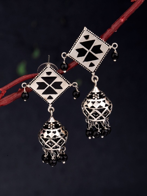 

Voylla Silver-Toned & Black Oxidised Geometric Jhumkas