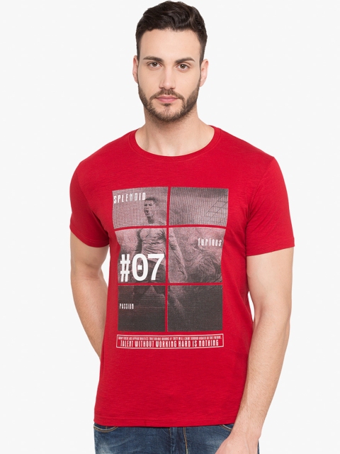 

Status Quo Men Red Printed Slim Fit Round Neck Pure Cotton T-shirt