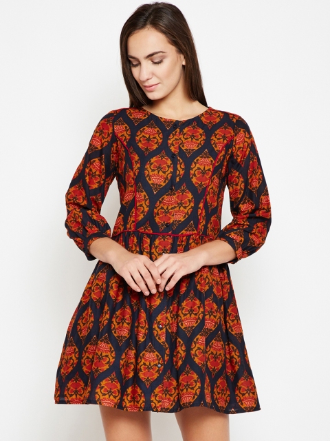 Nun Women Navy Blue & Orange Printed Fit and Flare Dress