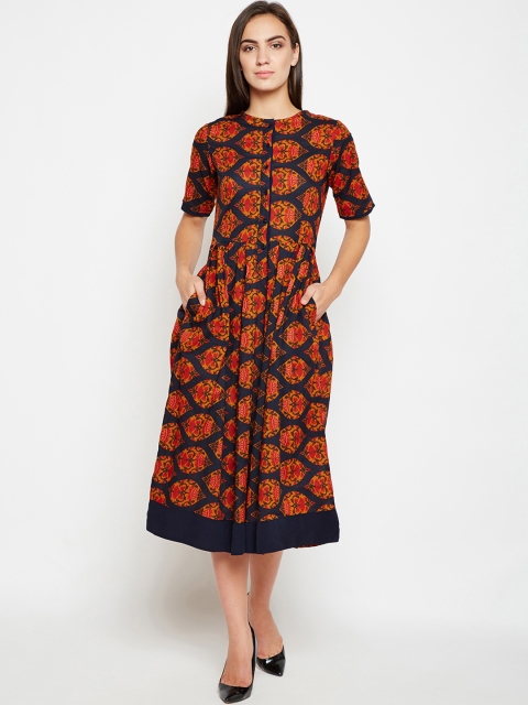 

Nun Women Navy Blue Printed Fit and Flare Dress