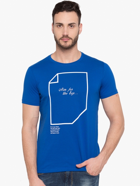 

Status Quo Men Blue Printed Slim Fit Round Neck Pure Cotton T-shirt