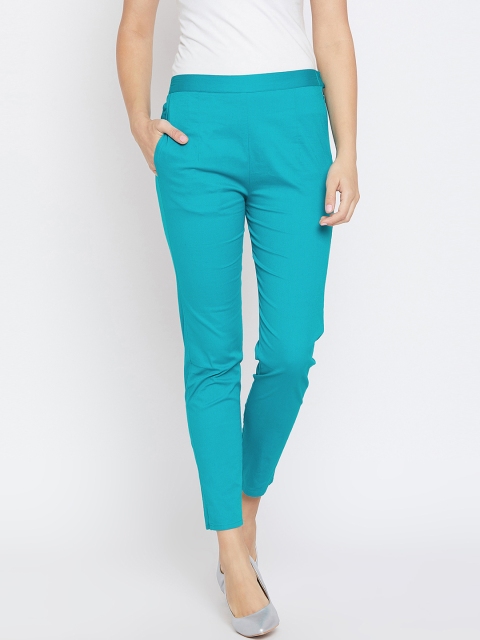 

PANIT Women Turquoise Blue Smart Slim Fit Solid Cigarette Trousers