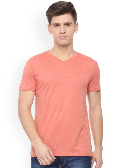 

People Men Peach-Coloured Solid V-Neck T-shirt
