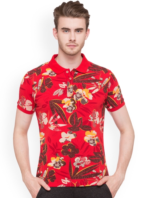 

Status Quo Men Red Printed Slim Fit Polo Collar Pure Cotton T-shirt
