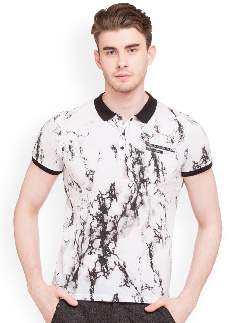 

Status Quo Men White Printed Polo Collar T-shirt
