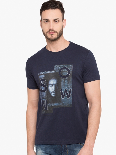 

Status Quo Men Navy Blue Printed Round Neck Pure Cotton T-shirt