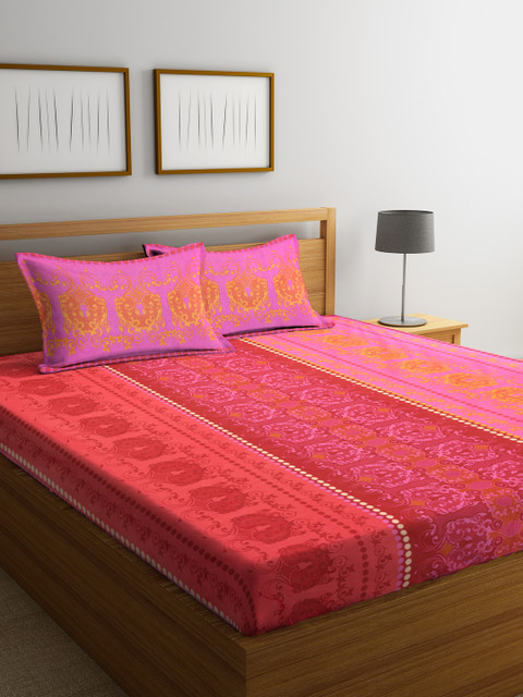 

BOMBAY DYEING Pink & Red Ethnic Motifs Flat 130 TC Polycotton 1 King Bedsheet with 2 Pillow Covers