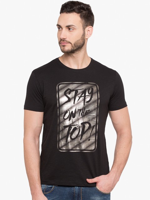 

Status Quo Men Black Printed Round Neck Slim Fit T-shirt