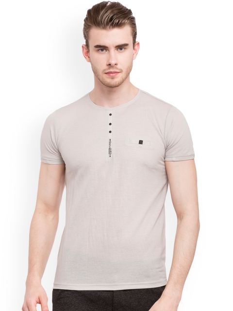 

Status Quo Men Beige Solid Henley Neck Pure Cotton T-shirt