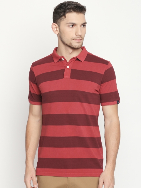 

Basics Men Pink Striped Polo Collar T-shirt