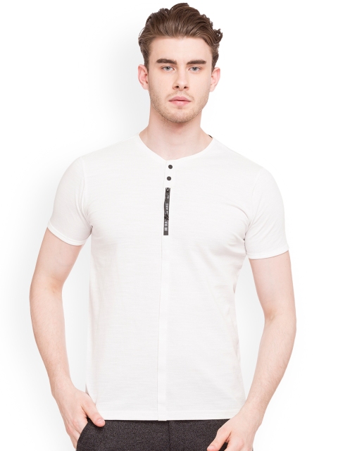 

Status Quo Men White Solid Henley Neck Pure Cotton T-shirt