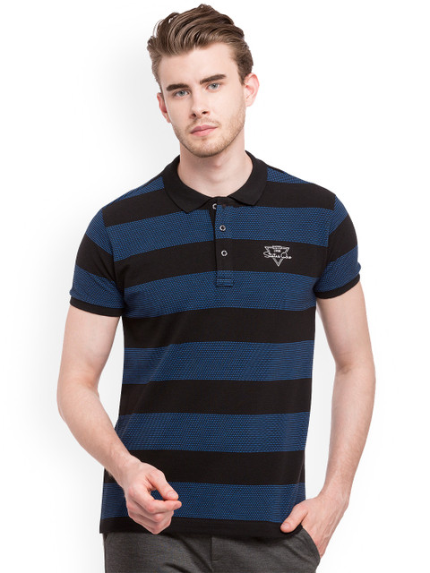 

Status Quo Men Black & Blue Striped Polo Collar Pure Cotton T-shirt