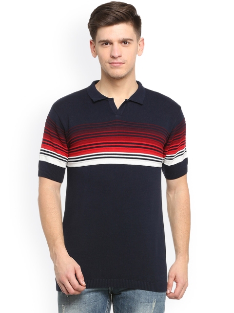 

People Men Navy Blue Striped Polo Collar T-shirt