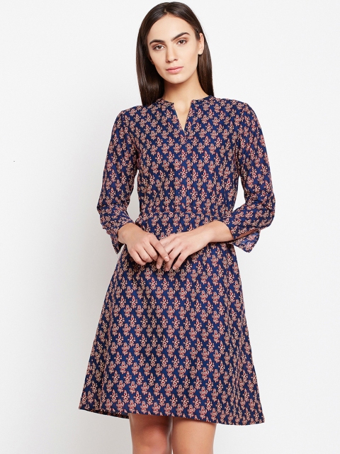 

Nun Women Navy Blue & Red Printed Fit and Flare Dress