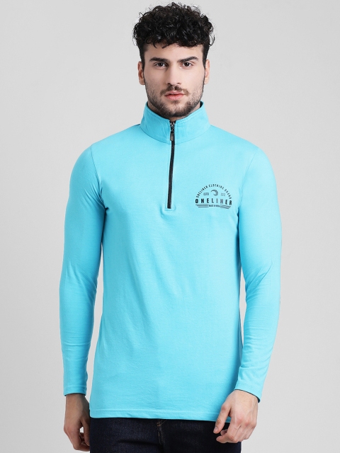 

oneliner Men Turquoise Blue Solid High Neck T-shirt