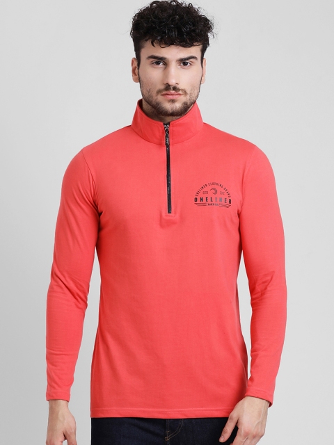

oneliner Men Peach-Coloured Solid High Neck T-shirt