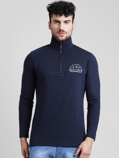 

oneliner Men Navy Blue Solid High Neck T-shirt