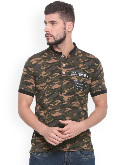 

People Men Green Printed Henley Neck T-shirt
