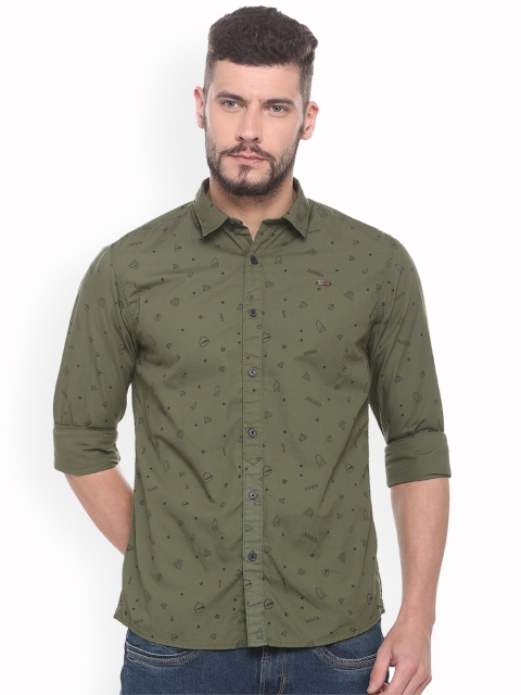 People Men Green Regular Fit Printed Casual Shirt