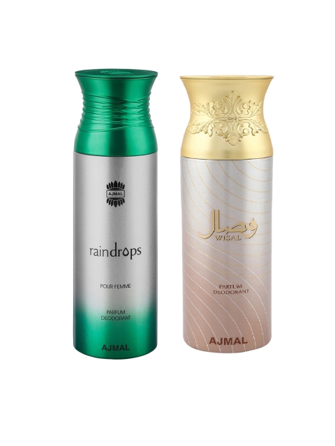 

Ajmal Unisex Pack of Raindrops & Wisal Deodorant Sprays 200 ml each, Green