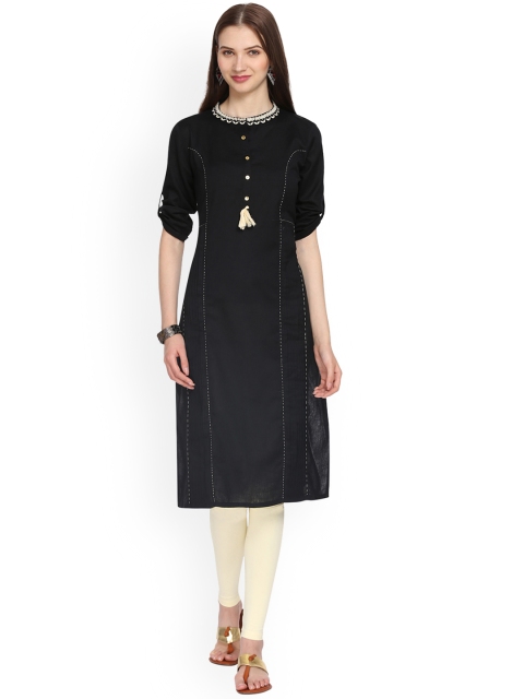 

Alena Women Black Embroidered Linen Straight Kurta