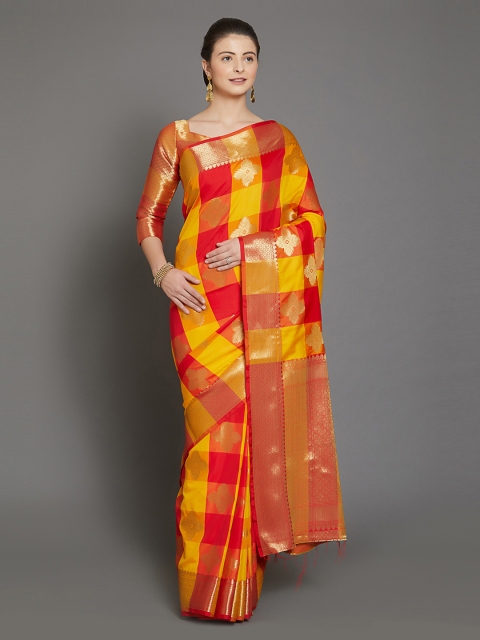 

Mitera Yellow & Red Silk Blend Woven Design Kanjeevaram Saree