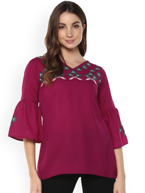 

Mayra Women Purple Embroidered A-Line Top
